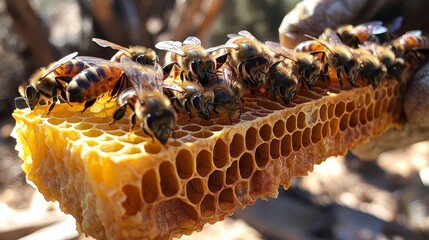 Bees atop a honeycomb, a gloved hand holds it up for inspection in natural light