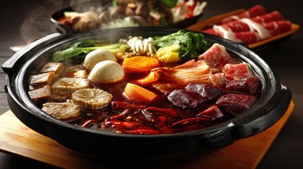 Delicious hot pot with assorted meats, vegetables, and spices, served steaming in a traditional pot perfect for culinary enjoyment and sharing moments