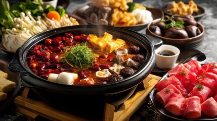 Delicious and Spicy Hot Pot with Fresh Ingredients and Traditional Sides in a Cozy Restaurant Setting
