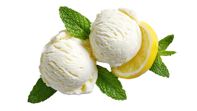 Ice cream scoops with lemon and mint garnish