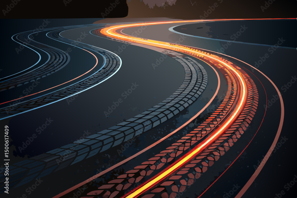 Poster generate a vector illustration of abstract drift trail lines, emphasizing tire marks, with a dynamic