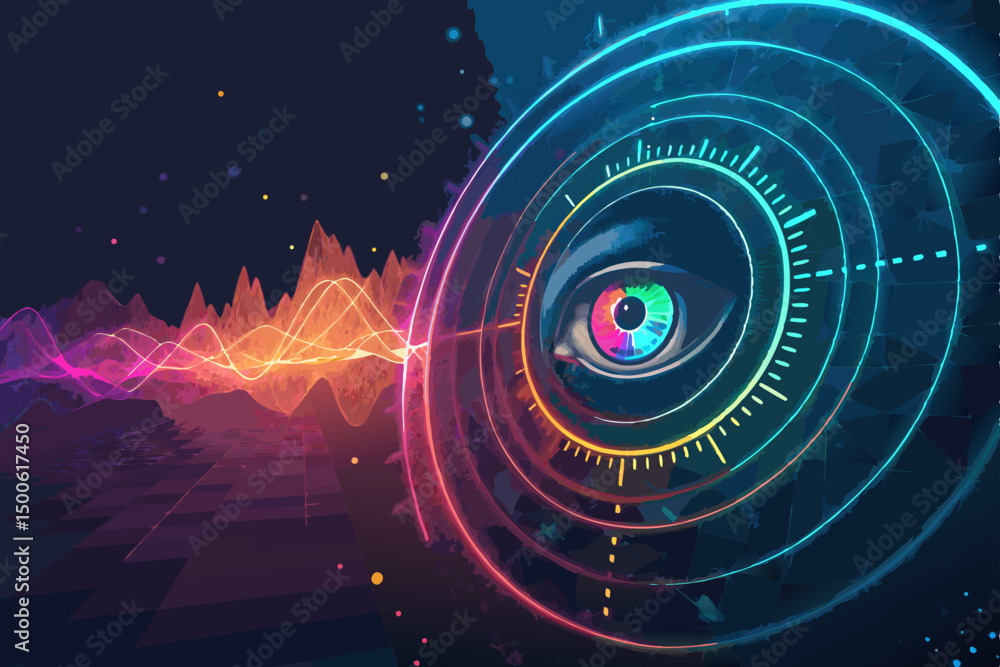 Poster abstract tech background featuring a vibrant radar scan with concentric rings, depicting data analys