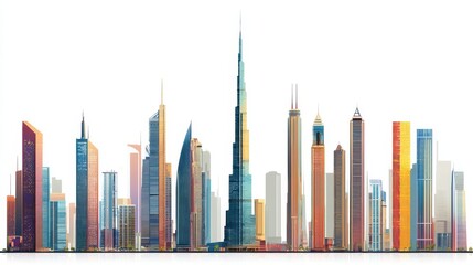 Modern city skyline illustration featuring skyscrapers, contemporary architecture, bright colors, and vibrant energy against a white background