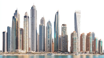 Modern Skyline of Skyscrapers in Dubai Reflecting Innovation and Luxury Living Against Clear Sky with Waterfront View
