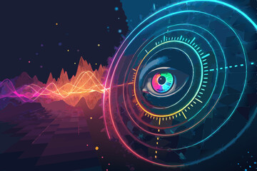 Abstract tech background featuring a vibrant radar scan with concentric rings, depicting data analysis and digital security.