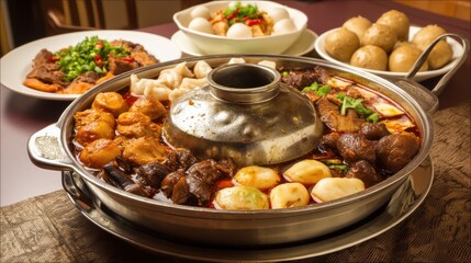 Delicious Hot Pot Feast with Fresh Ingredients and Savory Broths on a Table, Surrounded by Various Dishes and Garnishes