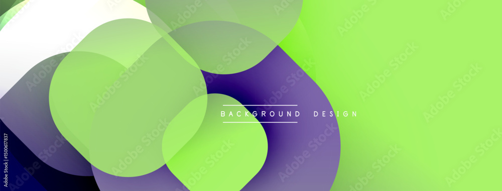 Poster Abstract design features overlapping translucent shapes. Green, purple, white hues create dynamic visual effect. Modern background element.