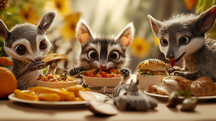 Three adorable animal characters enjoy a delicious meal together.  The heartwarming scene is filled with warmth and autumnal colors.