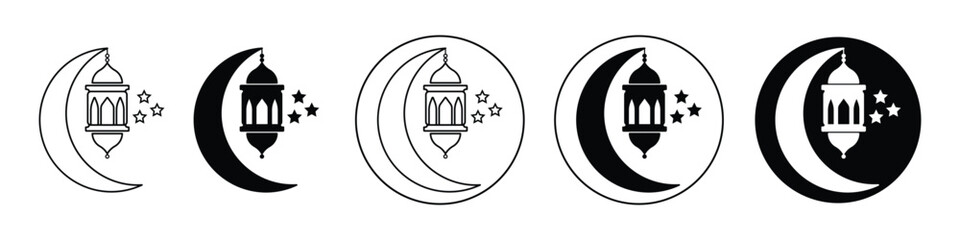 Ramadan eid mubarak islamic crescent moon with hanging lantern icon silhouette simple design. celebrating ramadan or eid al-fitr.  