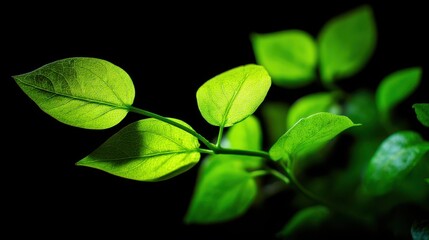 Vibrant Green Leaves Displaying Lush Texture Against Dark Background for Nature and Botanical Photography Projects