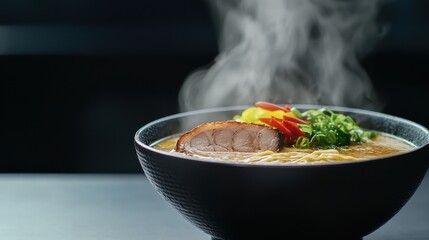 Steaming Bowl of Gourmet Ramen with Delicate Wisp of Steam and Fresh Vegetables