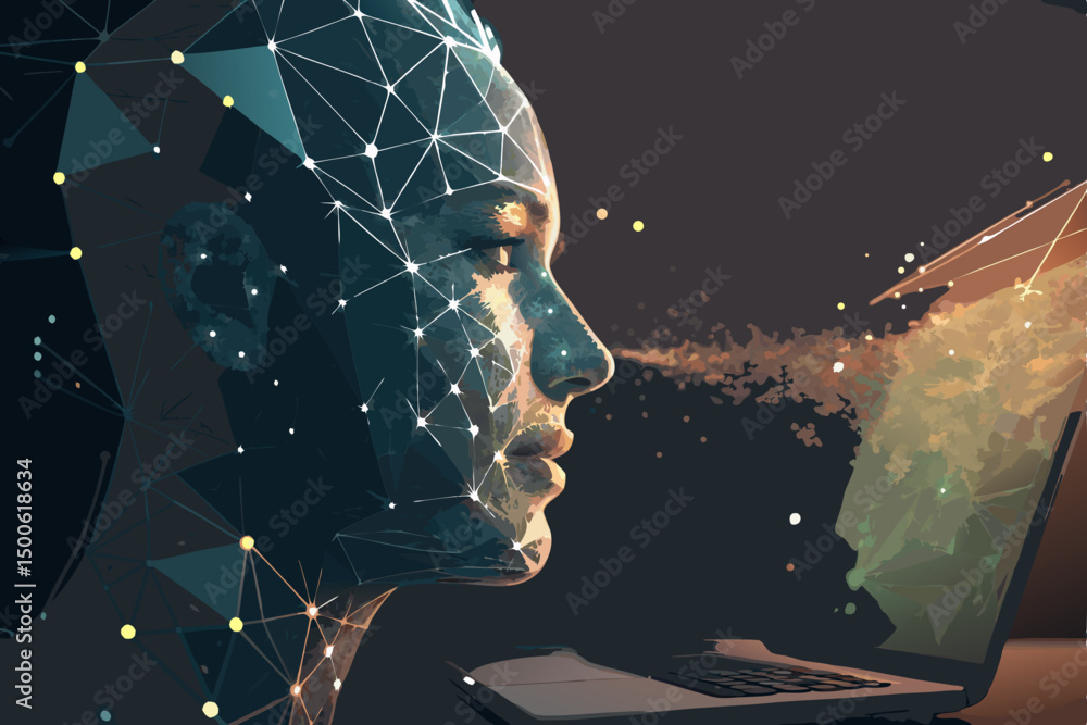 Poster a mesmerizing ai-generated portrait, a face composed of glowing particles and interconnected triangl