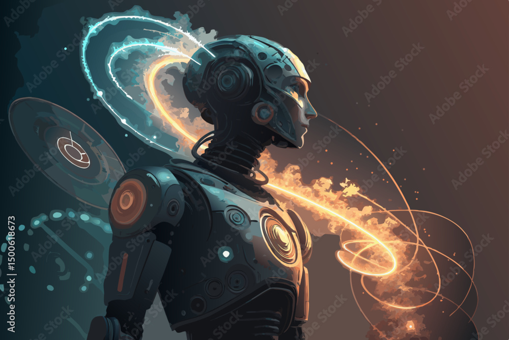 Poster a futuristic robot, ai-generated, with glowing, abstract generative shapes emanating from its core. 
