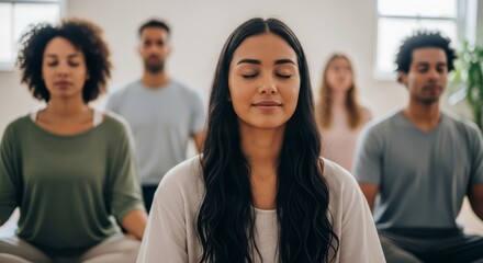 Diverse group of people meditating in a bright and peaceful yoga studio
