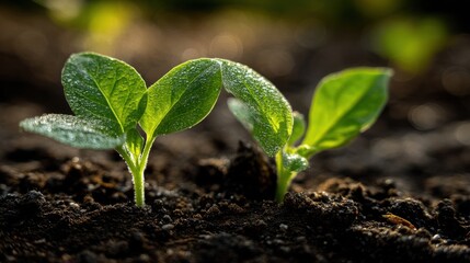 Close-up View of Fresh Seedlings Growing in Rich Dark Soil under Sunlight in a Garden Environment