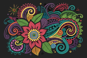 Create a vibrant, chaotic doodle design with bold, multicolored lines and shapes, exhibiting a playful and energetic aesthetic.  Focus on intricate detail and unexpected forms.