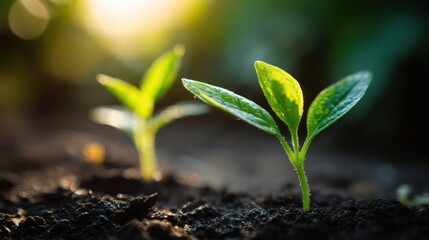 Fresh Green Seedlings Sprouting from Nutrient-Rich Soil Under Soft Sunlight in a Lush Garden Setting