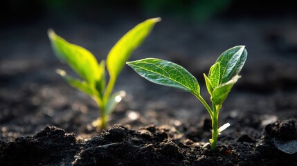 Fresh Green Seedlings Growing in Rich Dark Soil Under Sunlight in a Beautiful Garden Setting with Vibrant Nature Background