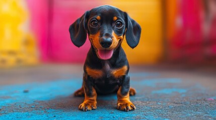 A happy pup sits against colorful backdrop, tongue out, awaiting love and affection