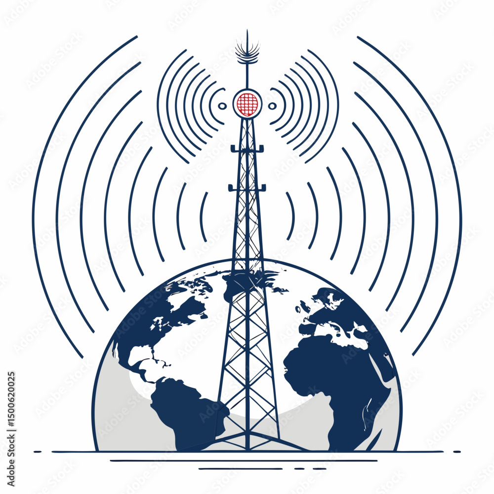 Poster create a bold vector illustration of a 5g cellular tower emitting strong signal waves, with a thick,