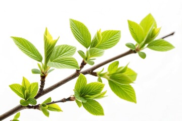 Obraz premium Spring Branch with Fresh Green Leaves A Symbol of Renewal and Growth on white background 
