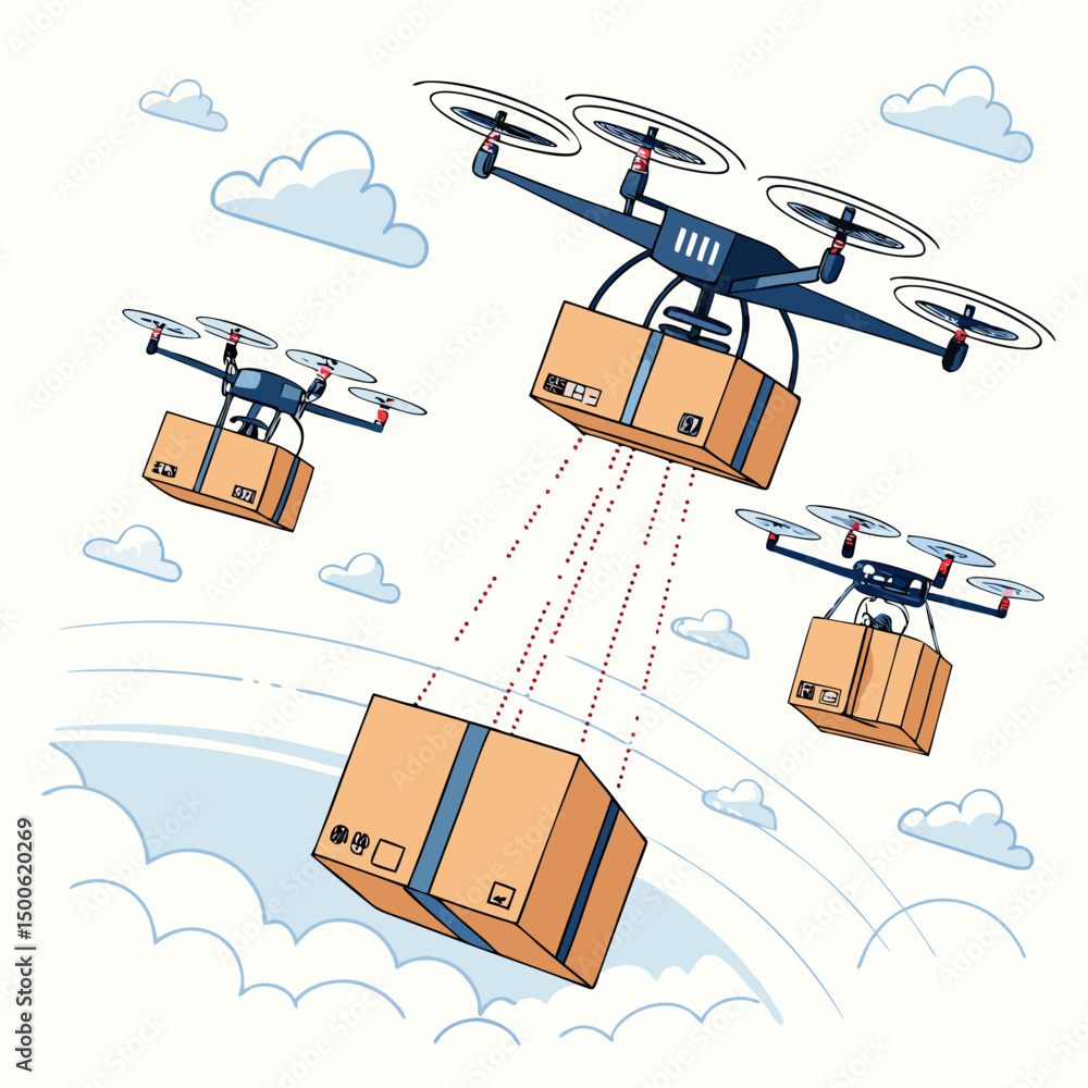 Poster design a bold, vector illustration of a futuristic drone delivery system, emphasizing strong lines a
