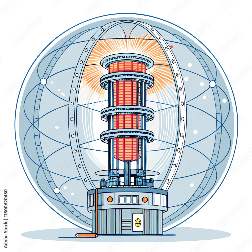 Poster design a bold, vector illustration of a fusion reactor, emphasizing its powerful energy flow with gl