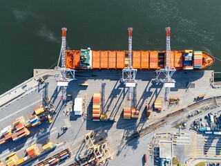 Ship is in the dock, container port. Montreal, Quebec, Canada.