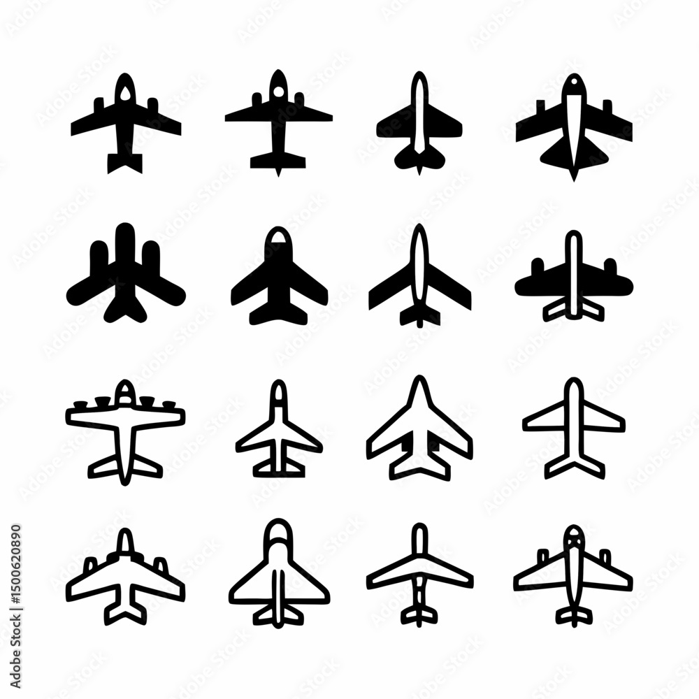 Poster design a vector icon pack featuring bold-stroke airplanes in various styles takeoff, landing, side v
