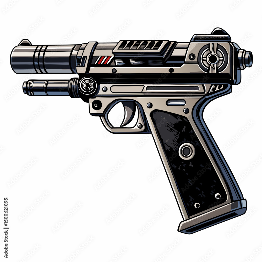 Poster create a bold, vector illustration of a futuristic blaster pistol with thick, defined strokes. empha