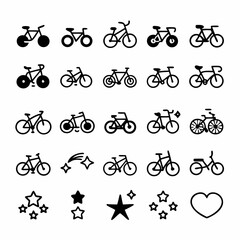 Design a vector icon pack featuring bold-stroke bicycle illustrations in various styles (road bike, mountain bike, etc.).  Include multiple views and angles.
