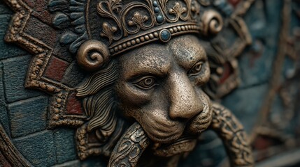 Fototapeta premium Lion Head Door Knocker: A detailed shot captures the intricate artistry of a regal lion head door knocker, its bronze surface exuding a sense of history and grandeur.