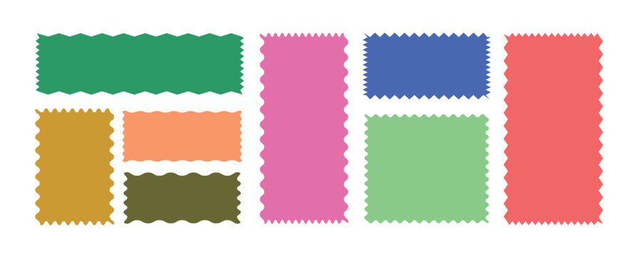 Colorful zigzag frame. Rectangle shape frame with zigzag edge. Set of various shapes and colors frames.Wave zigzag dividers. Undulating zig zag round frame.