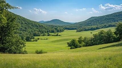Obraz premium Idyllic pastoral vista unfolds with rolling green meadows and forested hills