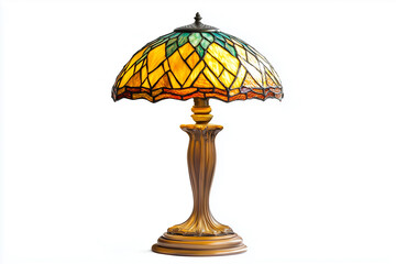 artisanal table lamp with stained glass shade, on white background