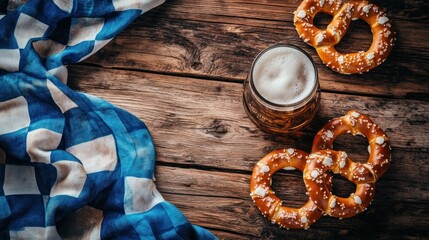Traditional bavarian refreshments: beer and pretzels arrangement on rustic wood surface
