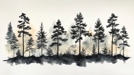 Silhouette of coniferous trees against soft backdrop, watercolor style art on white