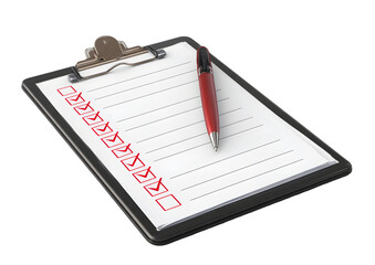 Clipboard with checklists and red pen