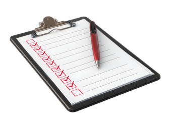 Clipboard with checklists and red pen