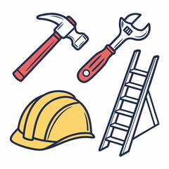 Create a bold, vector illustration of construction tools hammer, wrench, saw, level.  Design should feature thick, impactful strokes.