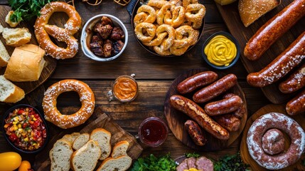 Artisan german food, pretzels, sausages and bread on a rustic wooden table