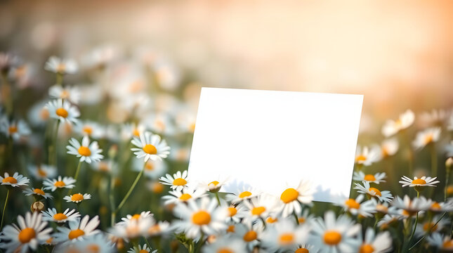 Blank White Card Mockup in a Field of Daisies High-Resolution Nature Photo