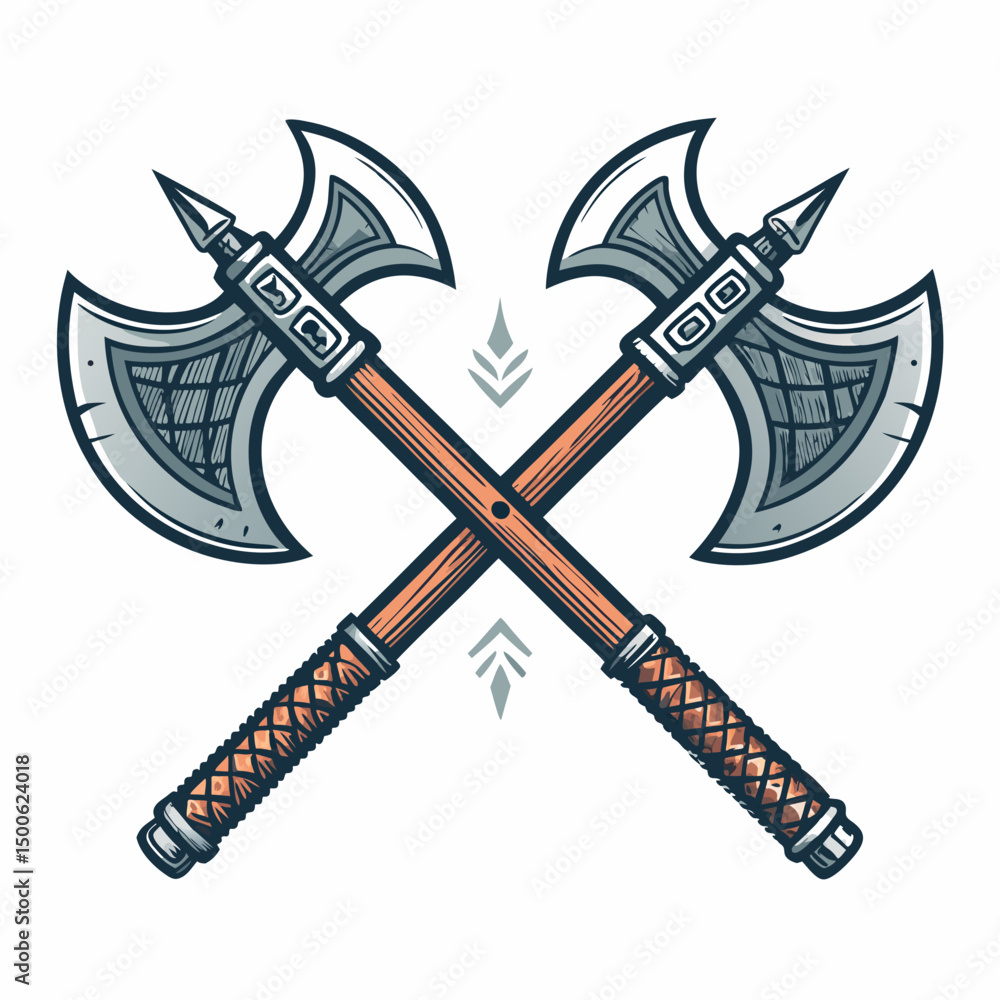 Poster create a vector illustration of a bold, dual-axe wielding berserker, emphasizing strong lines and a 