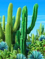 Desert Landscape, Cacti, Blue Sky - Botanical Illustration, Southwest Flora, Arid Climate