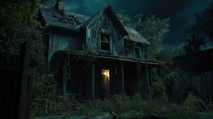 Obraz premium Mysterious wooden house at night surrounded by dense vegetation and gloomy skies