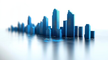 Stylized cityscape of blue buildings, clean reflection, minimalist