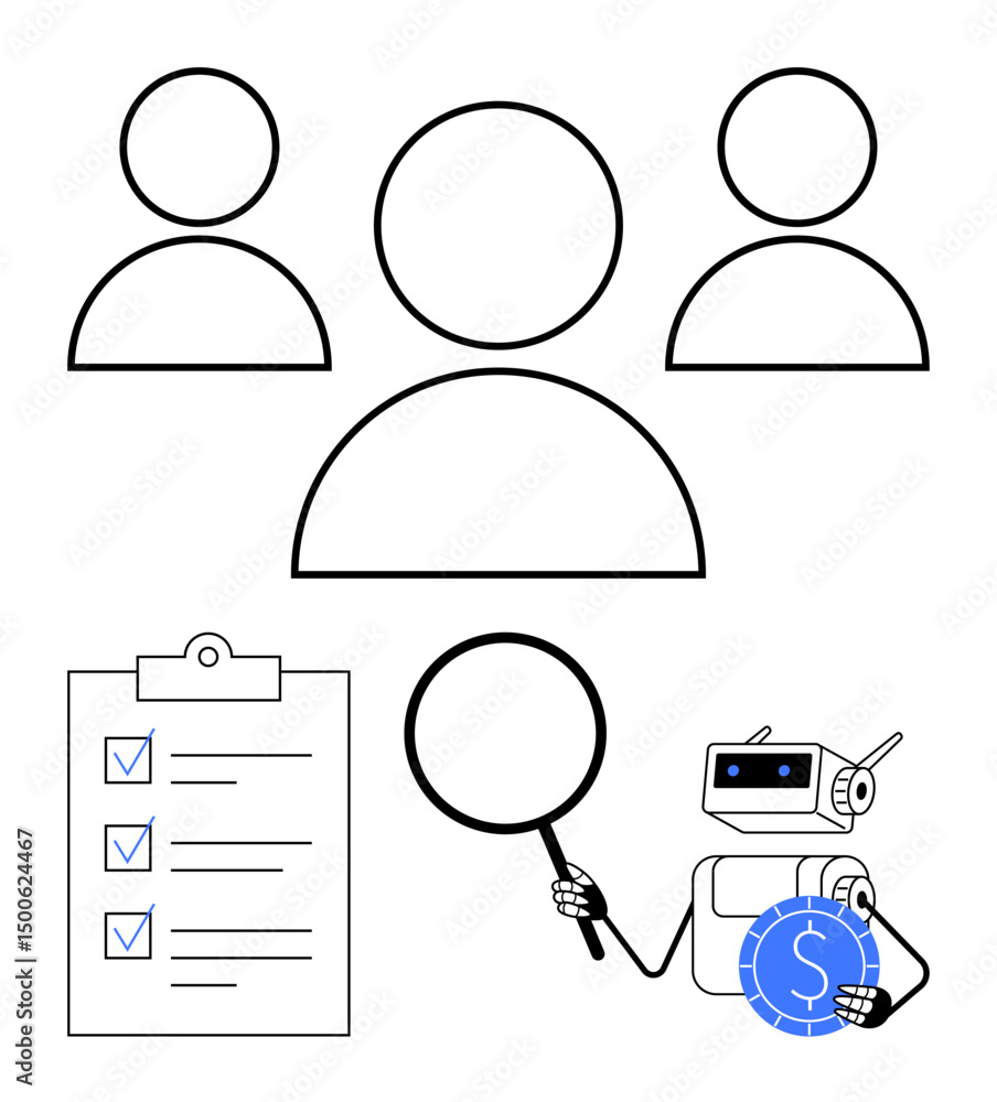 Poster robot analyzing a coin with a magnifying glass, checklist representing tasks, abstract team figures.