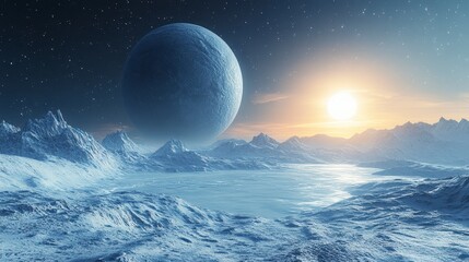 Frozen landscape view of a moon, mountains, and sun in the distance, with frozen lake foreground