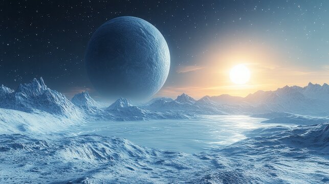 Frozen landscape view of a moon, mountains, and sun in the distance, with frozen lake foreground - Powered by Adobe