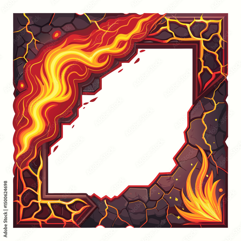 Poster create a vector graphic featuring a bold, fiery lava stroke; intense orange and red hues with black 
